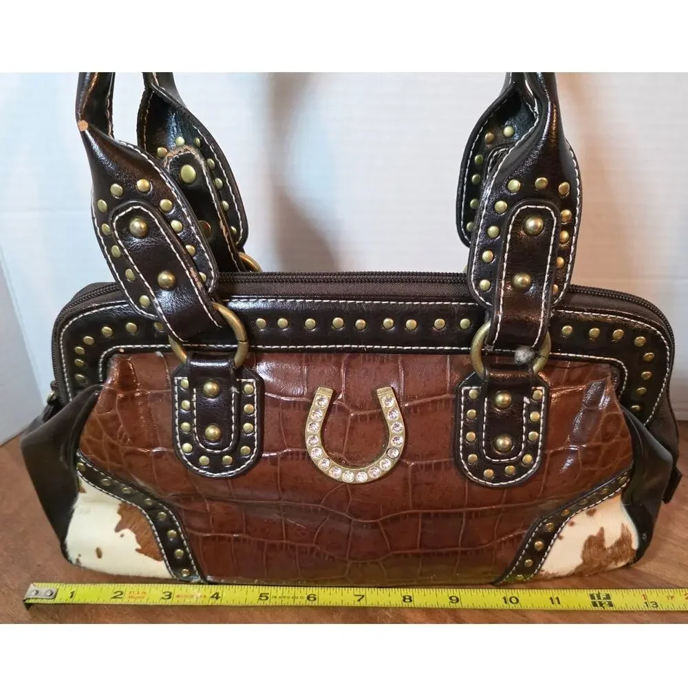 Western Studded Horseshoe Handbag Satchel Purse Croc Embossed Cowhide
